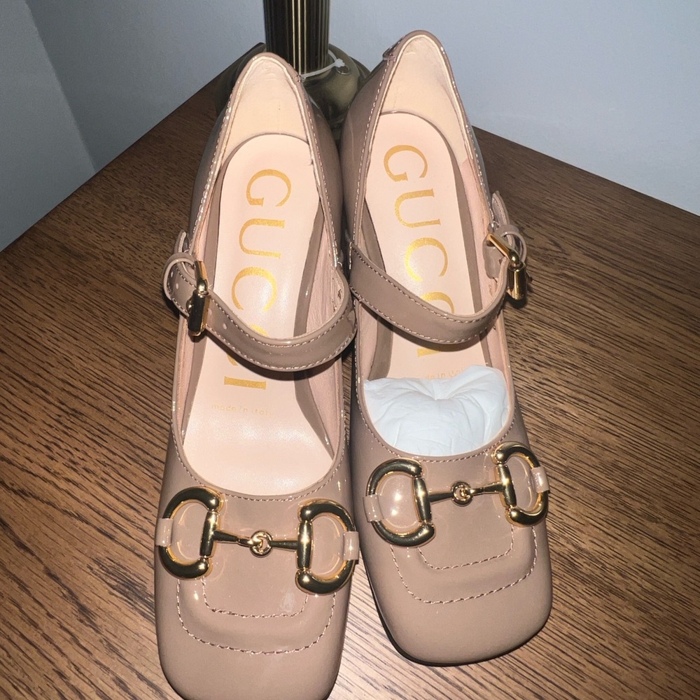 Gucci Nude Mary Jane Shoes with Gold Buckles